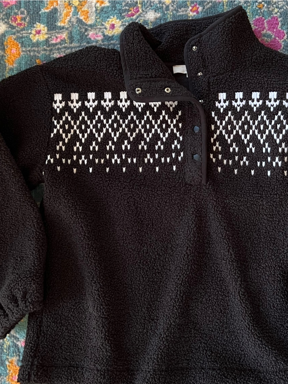 New LOFT Cozy Sherpa Fair Isle Black Pullover L - Picture 6 of 11